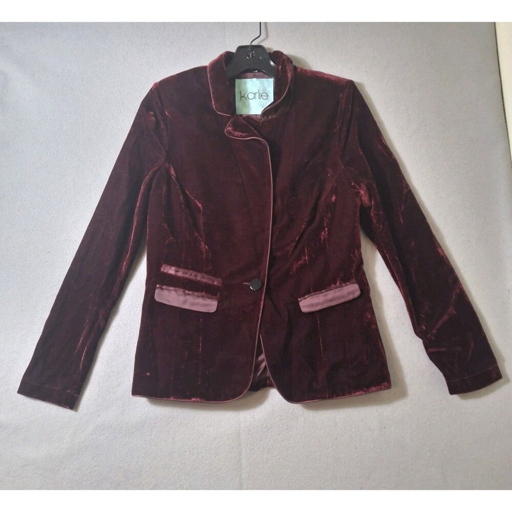 Karlie Burgundy Velvet Blazer Jacket Women's Size Small Single Button Coat